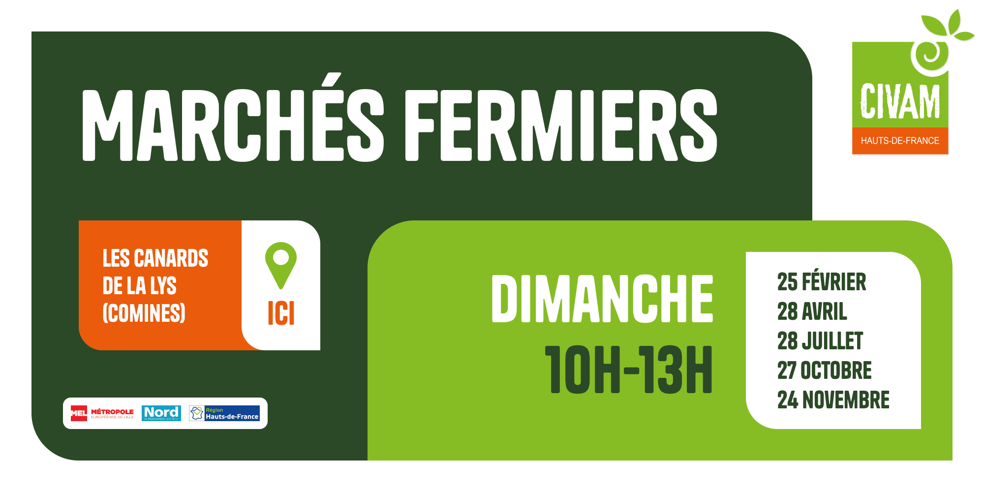 Design de banderole pour annoncer les informations des prochains marchés fermiers du CIVAM